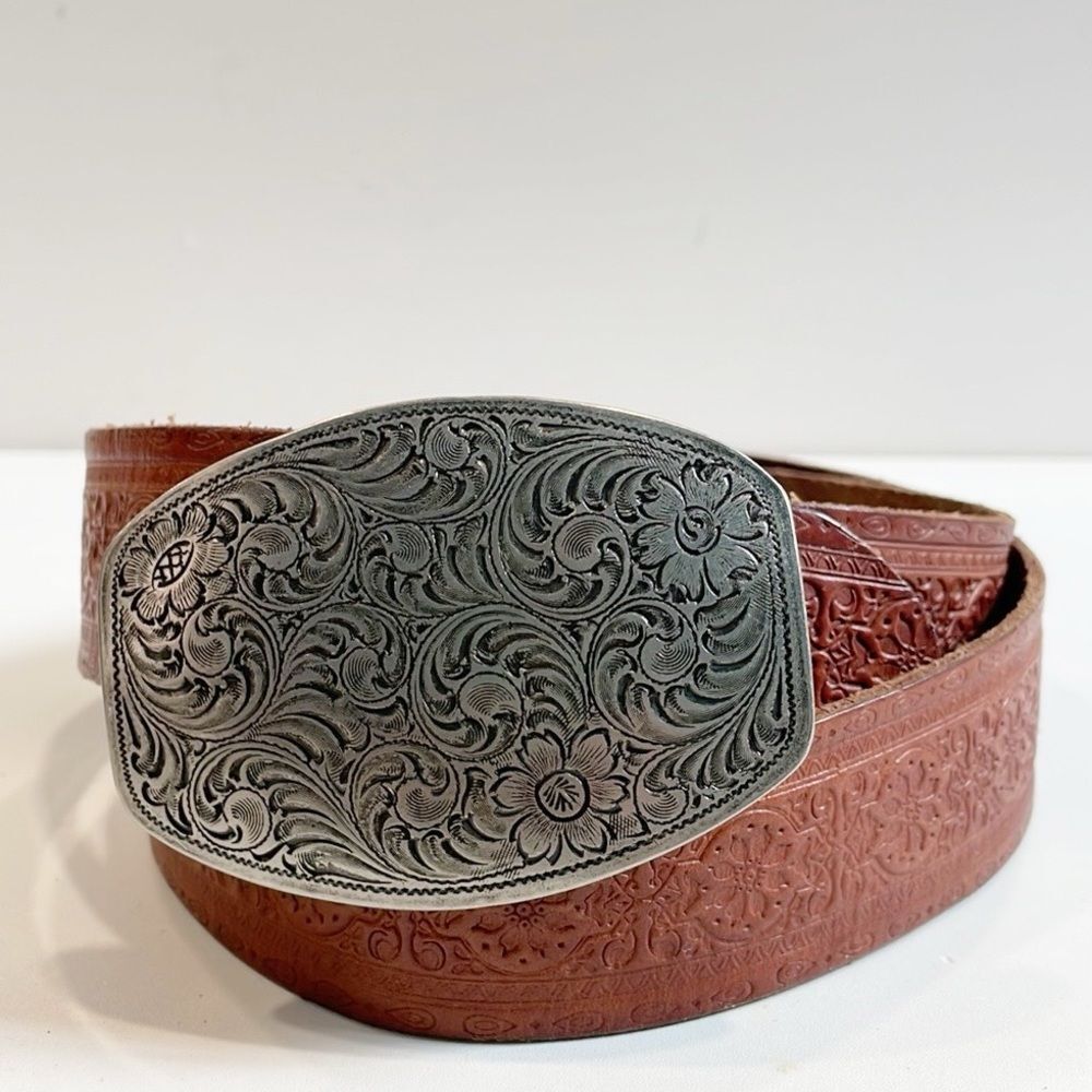 Vintage 90s Genuine Leather Belt Tooled Womens‎ Med  Filigree Western Brown